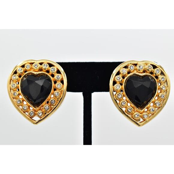 Vintage Crystal Heart Clip On Earrings Black Chunky Gold Heavy NOS 1980s A22 - Picture 1 of 16